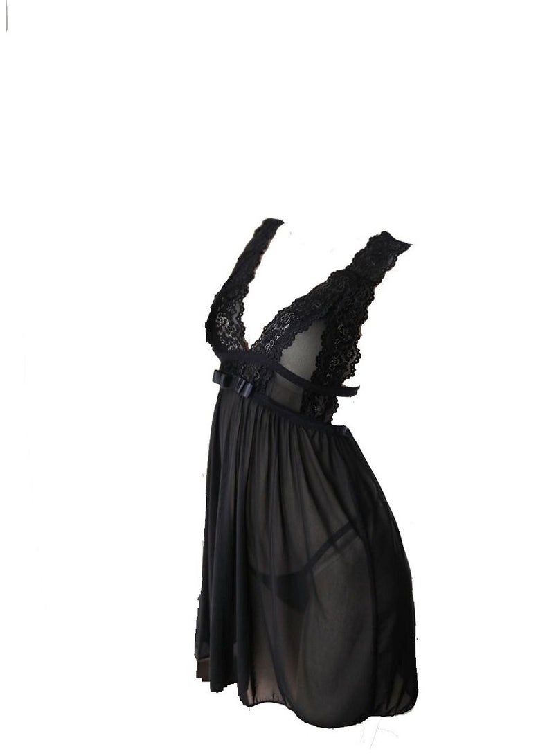 Lace Night Wear V Neck Sheer Mesh Babydoll Sleepwear dress  - Image 1
