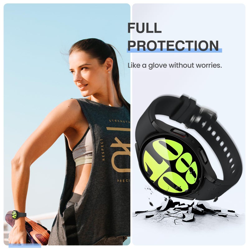 Tensea تنسيا [عبوة 2] لحماية شاشة ساعة سامسونج جالاكسي ووتش 6 2023، غلاف واقي بحجم 44 مم، غطاء وجه واقي بحجم 44 مم، حافة صلبة مع زجاج مقسى مدمج للنساء والرجال (44 مم، أسود غير لامع) - Image 3