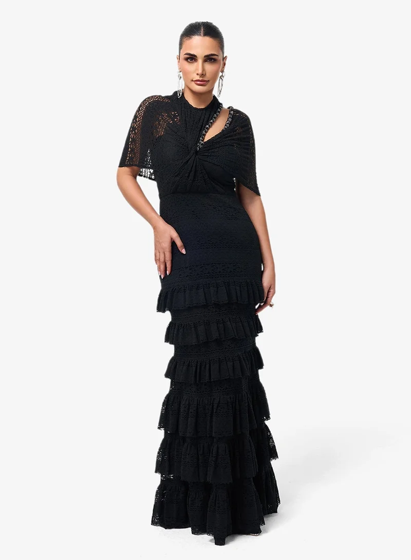 Cut Out Lace Detail Ruffle Maxi Dress