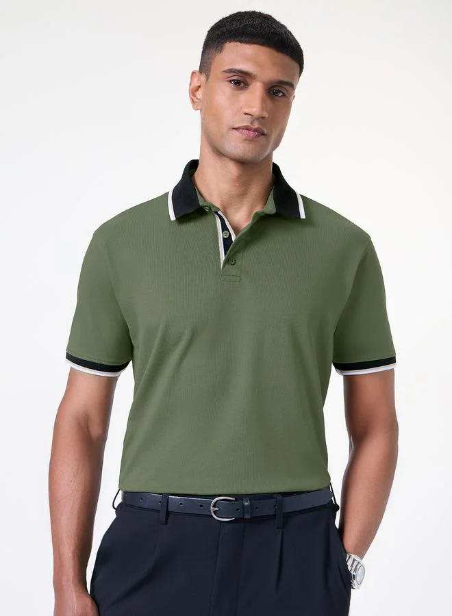 The Souled Store Olive Contrast Tipping Cotton Pique Polo