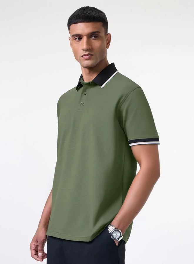 The Souled Store Olive Contrast Tipping Cotton Pique Polo