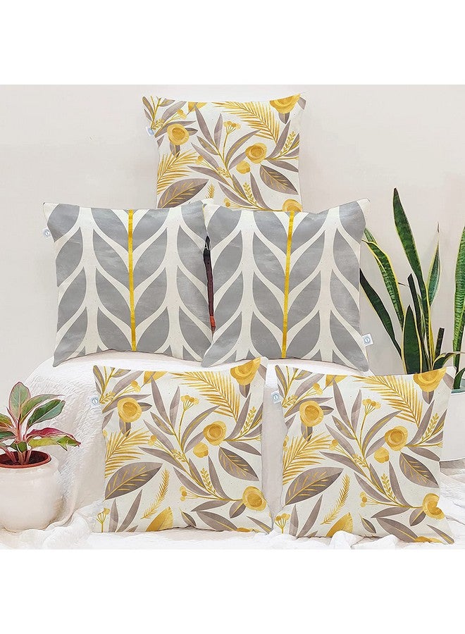 STITCHNEST Yellow & Grey Floral Printed Poly Cotton Cushion Covers, Set of 5 (18 x 18 Inches) - Image 1
