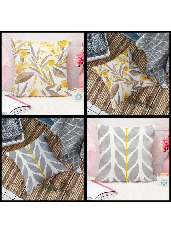STITCHNEST Yellow & Grey Floral Printed Poly Cotton Cushion Covers, Set of 5 (18 x 18 Inches) - Image 2