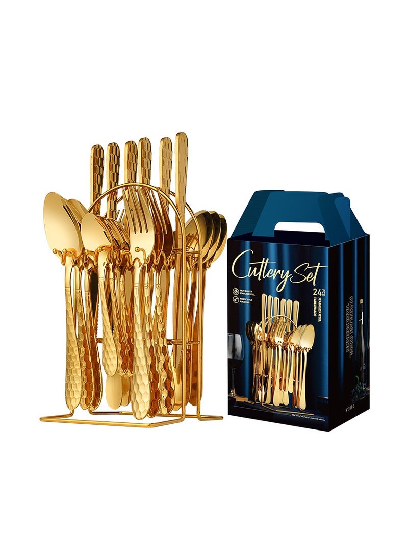 general Stainless steel tableware corrugated 24-piece set, tableware, steak knife, fork and spoon storage gift box set, birthday and holiday housewarming gifts for family and friends - Image 1