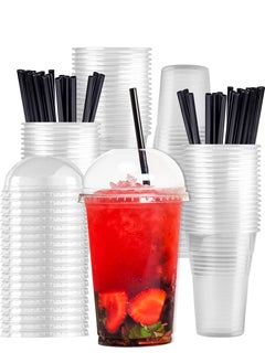 [50 Pcs] 16oz Plastic Cups With Lids And Straws Plastic Cups Disposable Plastic Cups Kids Smoothie Cup Coffee Cup Cold Drinks Slushie Cup Juice Cup Plastic Cups Party (Dome Lid)