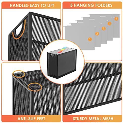 Sinboun Hanging File Organizer Letter-Size File Holder Filing Box Includes 5 Hanging Folders - Metal Mesh Magazine Letter Storage Cabinets File Cart for Office Home School, No Assembly Required - Image 4
