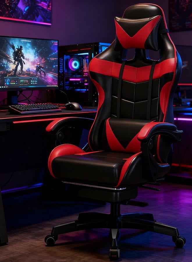 rayze Ergonomic gaming chair, gaming chair, computer chair, adjustable height, PU leather, high back, lumbar support, comfortable armrests with neck and lumbar massage support, 360° rotation, suitable for office or gaming (black and red) - Image 1