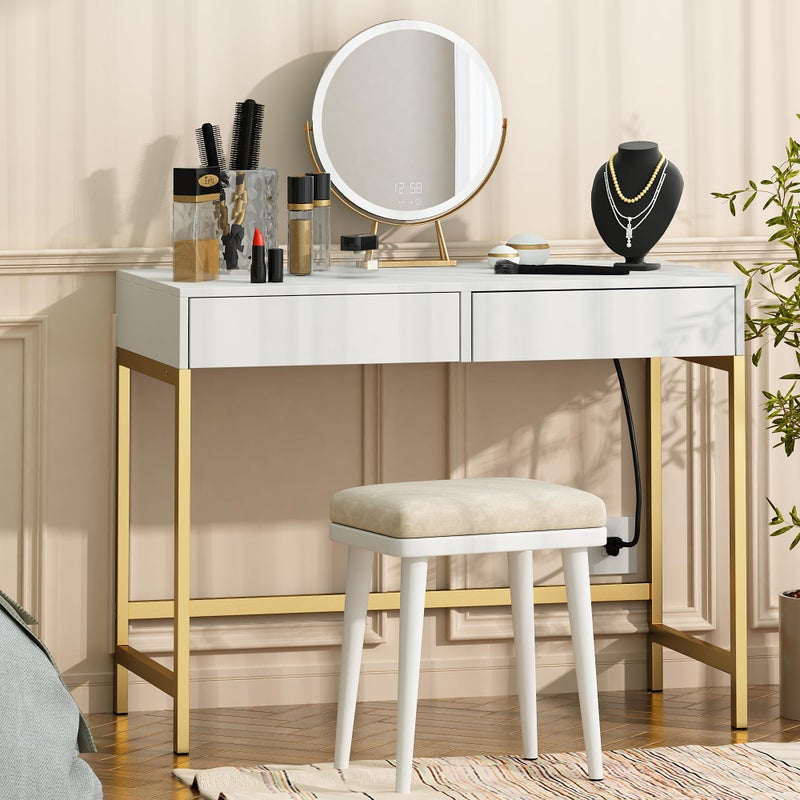 Treocho Computer Desk with USB Charging Ports and Power Outlets Modern Simple 40 inch Vanity Desk with 2 Drawers Makeup Table for Home Office Bedroom White and Gold