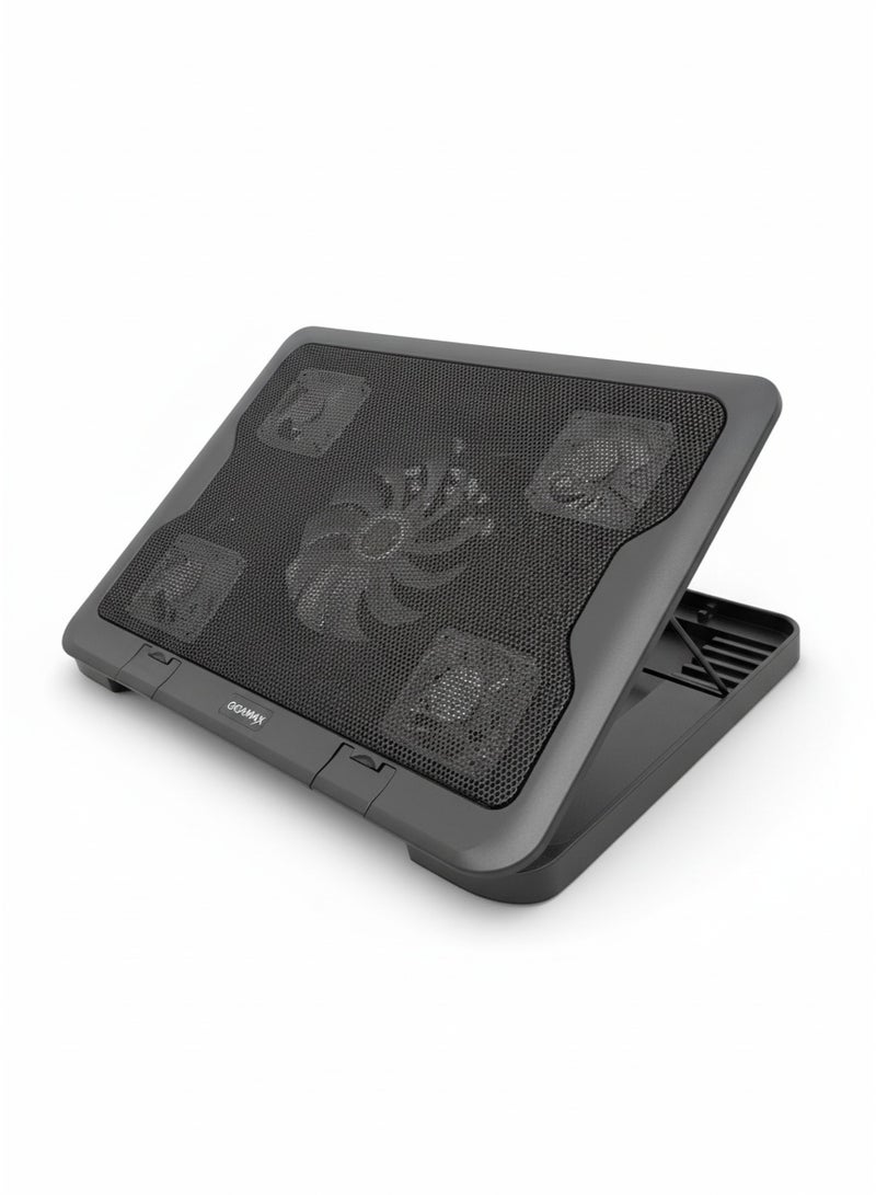 جيجاماكس مروحة قاعدة تبريد لابتوب GM88  5-مراوح تبريد (مروحة 14 سم و4 مراوح 6 سم) – تصميم معدني رفيع - بإضاءة LED زرقاء – 6 مستويات  - USB  - لون اسود - Image 1