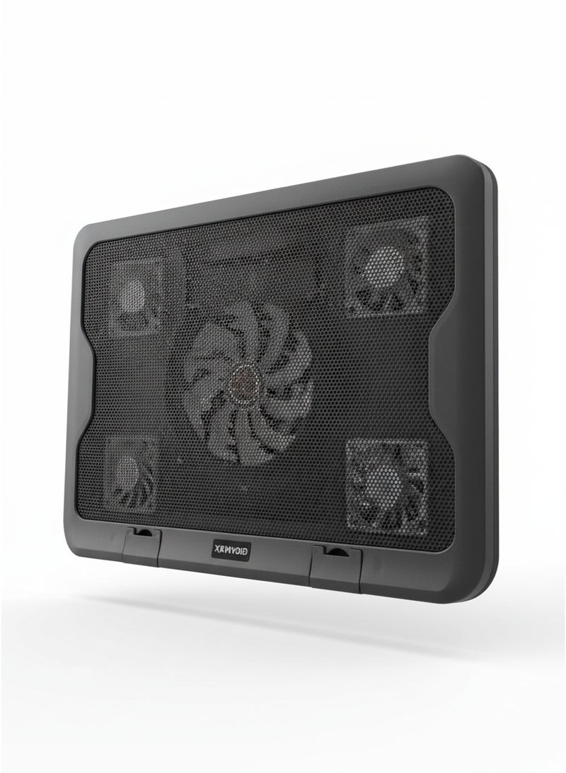 جيجاماكس مروحة قاعدة تبريد لابتوب GM88  5-مراوح تبريد (مروحة 14 سم و4 مراوح 6 سم) – تصميم معدني رفيع - بإضاءة LED زرقاء – 6 مستويات  - USB  - لون اسود - Image 2