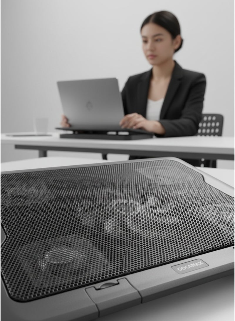 جيجاماكس مروحة قاعدة تبريد لابتوب GM88  5-مراوح تبريد (مروحة 14 سم و4 مراوح 6 سم) – تصميم معدني رفيع - بإضاءة LED زرقاء – 6 مستويات  - USB  - لون اسود - Image 4