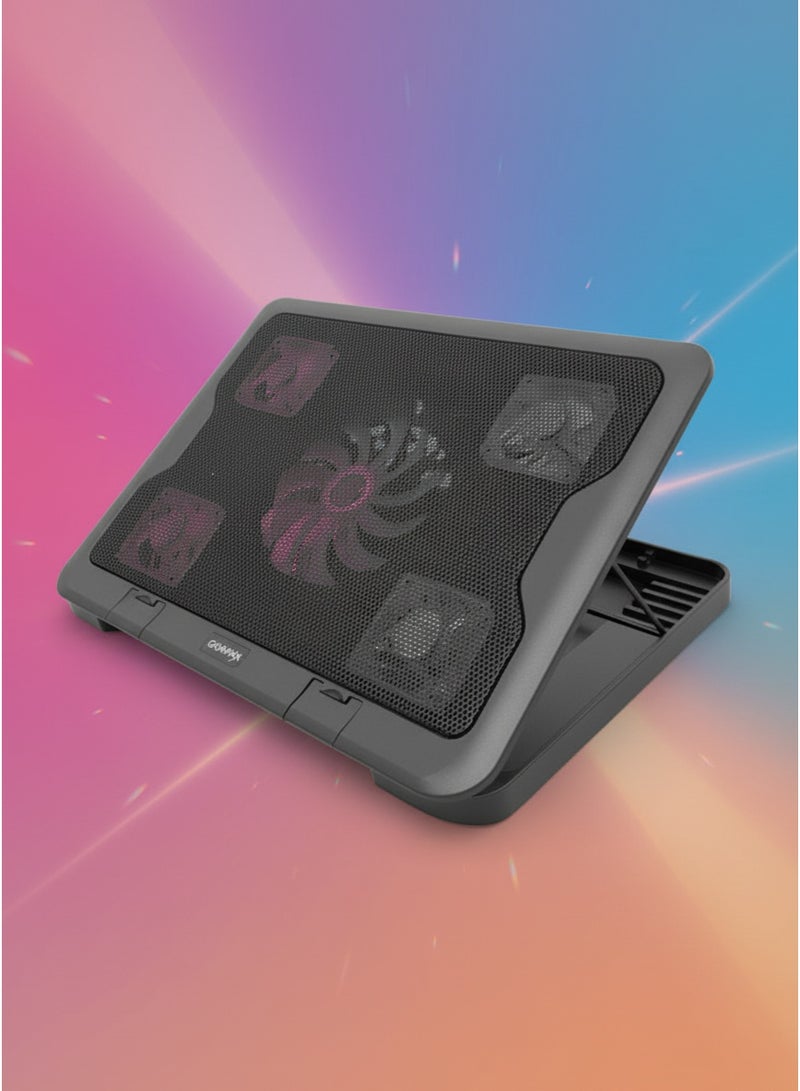 جيجاماكس مروحة قاعدة تبريد لابتوب GM88  5-مراوح تبريد (مروحة 14 سم و4 مراوح 6 سم) – تصميم معدني رفيع - بإضاءة LED زرقاء – 6 مستويات  - USB  - لون اسود - Image 5