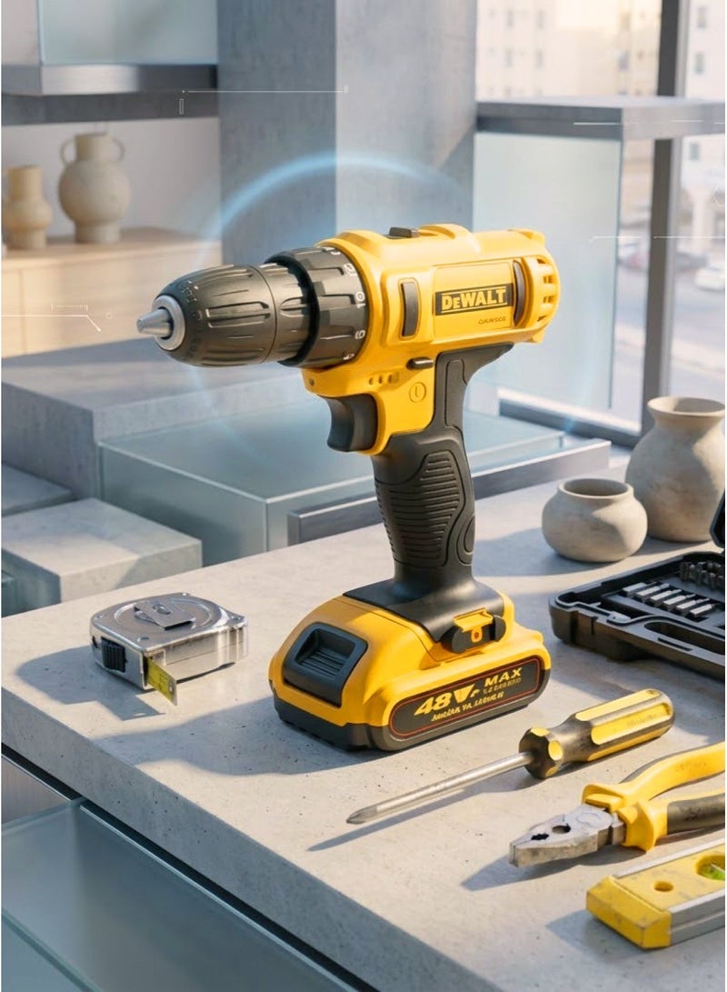 Dewalt Cordless Drill 48 V Cordless Drill Kit with Battery Cordless Electric Drill Compact Lightweight 0.91 Kg 15 Torque Settings LED Light 10mm Keyless Chuck 2 Speed Settings Variable Speed 2 Batteries 2.0Ah for Wood Metal Drilling Model DCD710D2 - Image 1