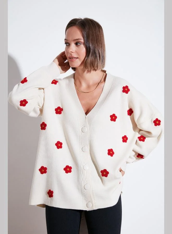 Lela Lela Oversize Fit Floral Buttoned V-Neck Soft Acrylic Cardigan Women's CARDIGAN 4616192