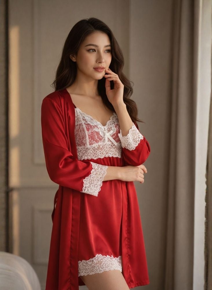 Cute Deep Red Satin Lace Nightdress with Matching Robe – Elegant Women’s Sleepwear Set - Image 3