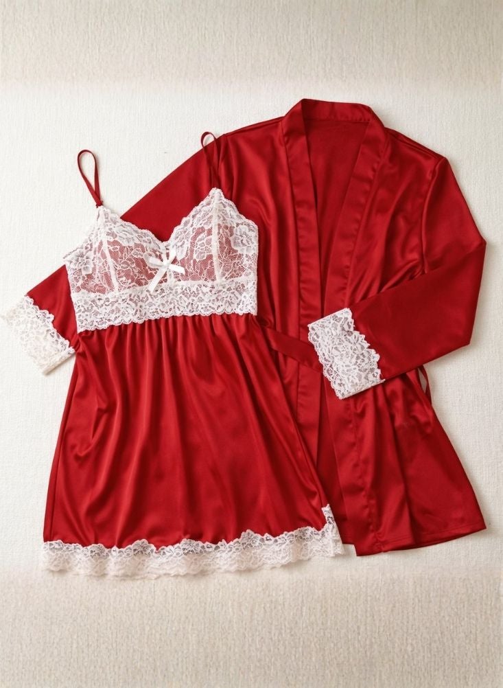 Cute Deep Red Satin Lace Nightdress with Matching Robe – Elegant Women’s Sleepwear Set - Image 2