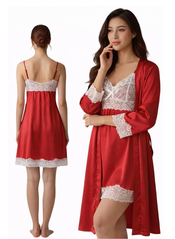 Cute Deep Red Satin Lace Nightdress with Matching Robe – Elegant Women’s Sleepwear Set - Image 1
