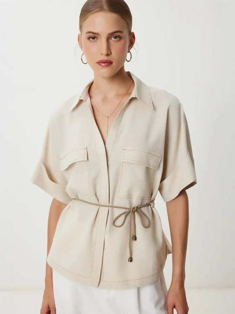 السعادة في إسطنبول ISTANBUL Loose Fit Drawstring Shirt with Binding Detail