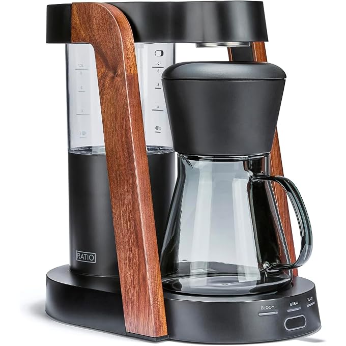 Eight Series 2 Coffee Machine  Automatic Drip Coffee Maker with Dual Brew Recipes  Brews Up to 40 oz (8 Cups)  Handblown Glass Carafe & Solid Wood Accents  14 H  9 W  13.5 D