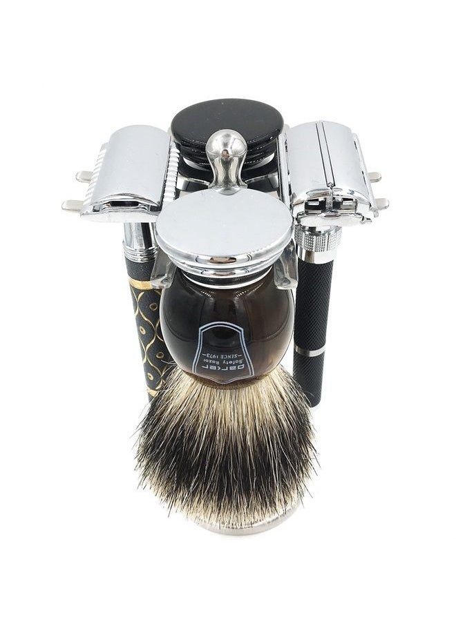 taconic shave - Deluxe Stainless Steel 4 Prong Safety Razor and Shave Brush Shave Stand - Holds 2 Double Edge Safety Razors and 2 Shave Brushes - Image 1