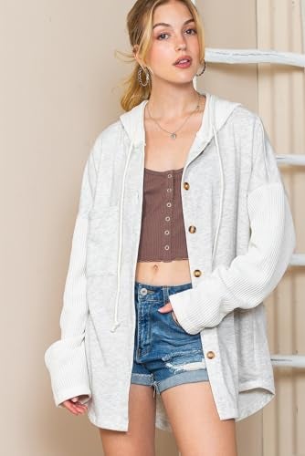 Shein سويت شيرتات نسائية فضفاضة من SHEWIN للنساء، تصميم فضفاض، أكمام طويلة، زر خفيف الوزن، هوديز، ملابس خريفية للنساء، عصرية، مقاس أمريكي 8-10 (م)، رمادي - Image 2