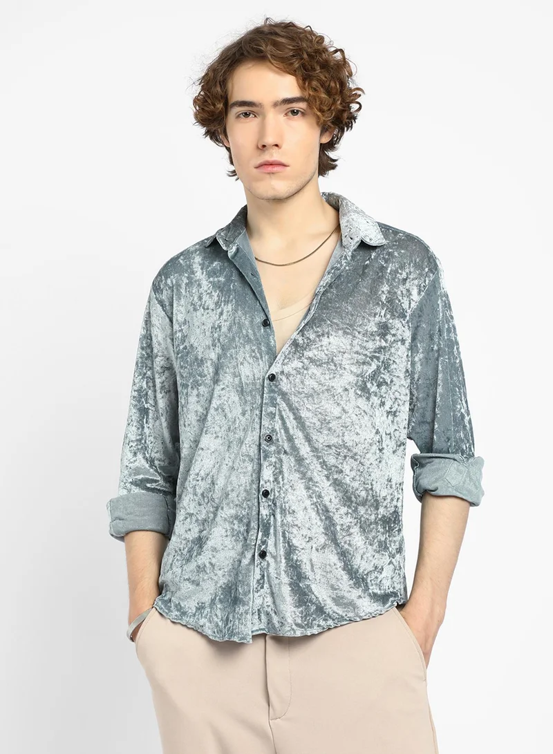 Campus Sutra Men's Sage Green Solid Velvet Shirt