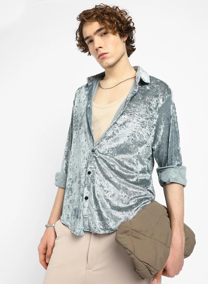 Campus Sutra Men's Sage Green Solid Velvet Shirt