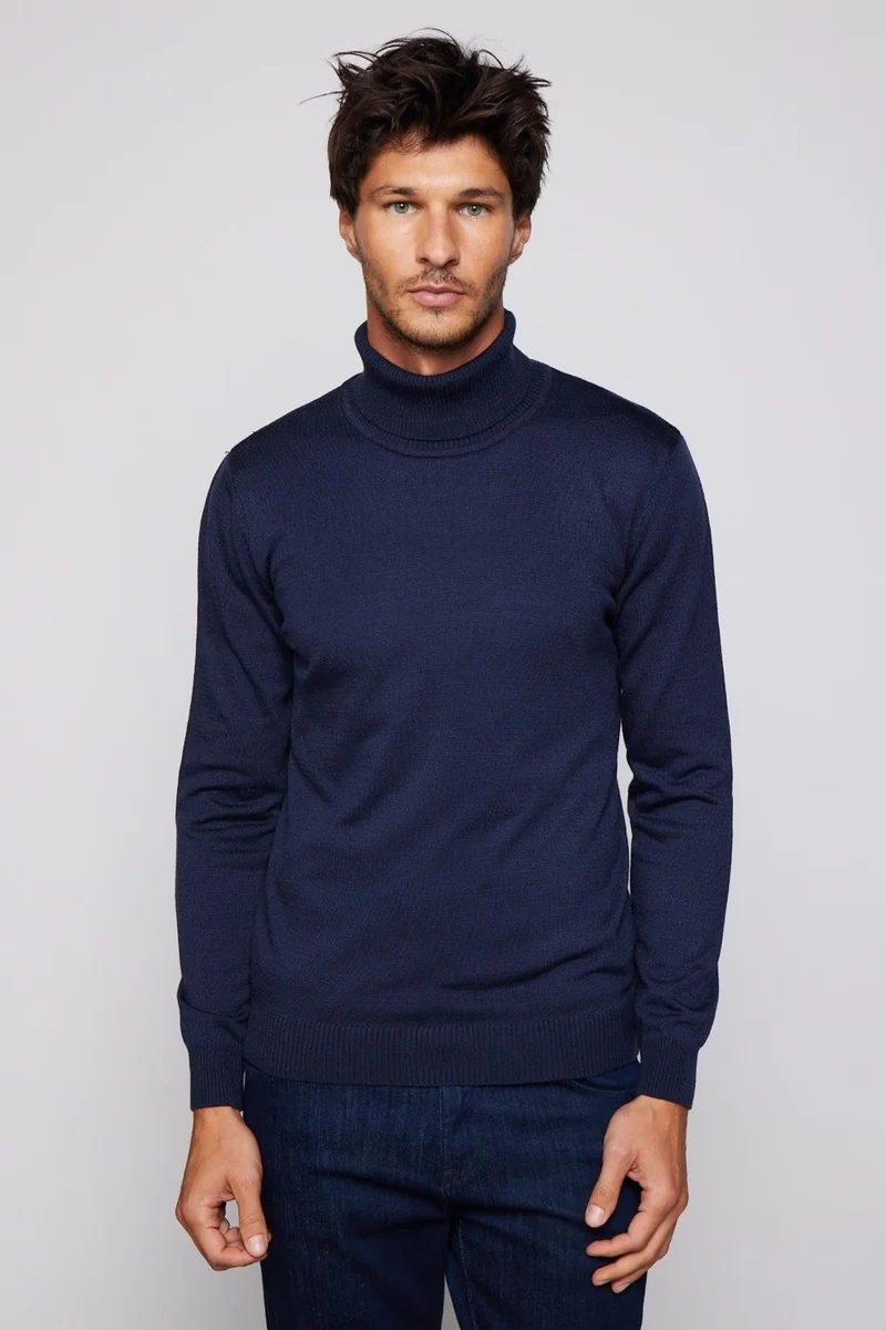 تودورس Slim Fit Slim Fit Full Turtleneck Non-Pilling Soft Texture Navy Blue Men's Knitwear Sweater