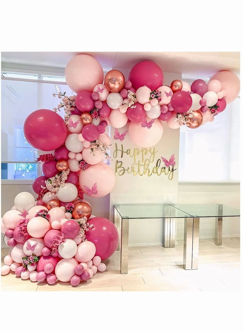 ميكسد 130Pcs Butterfly Pink Balloon Arch Garland Kit Rose Red and Gold Confetti Latex Party Balloons Accessories for Birthday Party Baby Shower Wedding Background Decorations - Image 1