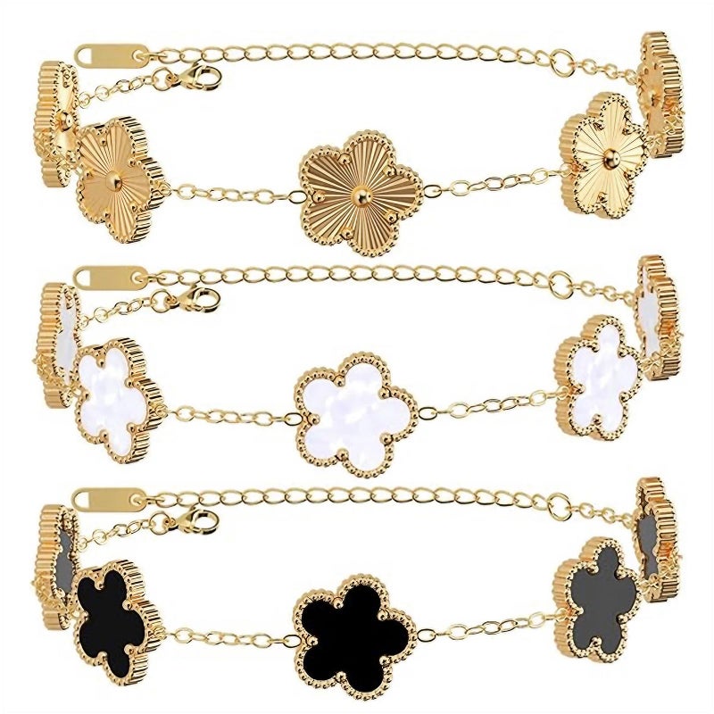 KINFERTE 18K Gold Plated Clover Bracelet Dupes Gold/White/Black Bracelet Set for Women Flower Lucky Clover Bracelets Trendy Jewelry Birthday Gifts for Women/MoM/Friends/Besties/Sister - Image 1