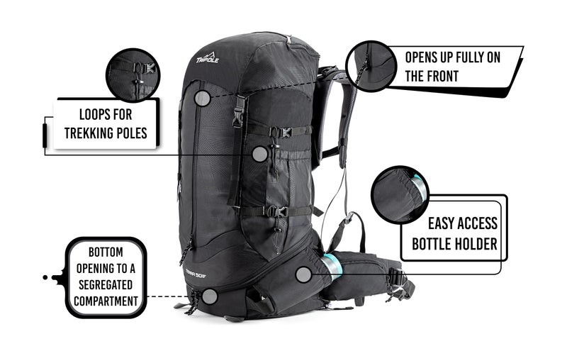 Tripole Terra Backpacking and Trekking Rucksack with Front Opening, Rain Cover and Metal Frame | 3 Year Warranty (Black, 50) - Image 4
