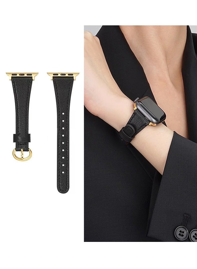 For Apple Watch Leather Band Starp, Compatible with Apple Watch Band 38mm 40mm 41mm 42mm Women, Top Grain Genuine Leather Strap Thin Watch Wristband for iWatch Series10 9 8 7 6 5 4 3 2 1 SE Ultra 2 ,Black﻿  - Image 1