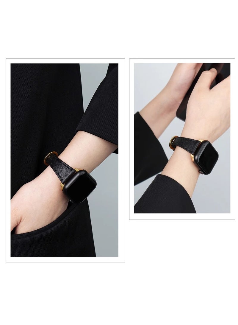 For Apple Watch Leather Band Starp, Compatible with Apple Watch Band 38mm 40mm 41mm 42mm Women, Top Grain Genuine Leather Strap Thin Watch Wristband for iWatch Series10 9 8 7 6 5 4 3 2 1 SE Ultra 2 ,Black﻿  - Image 3