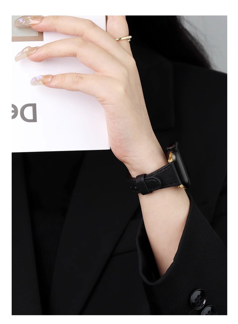 For Apple Watch Leather Band Starp, Compatible with Apple Watch Band 38mm 40mm 41mm 42mm Women, Top Grain Genuine Leather Strap Thin Watch Wristband for iWatch Series10 9 8 7 6 5 4 3 2 1 SE Ultra 2 ,Black﻿  - Image 4