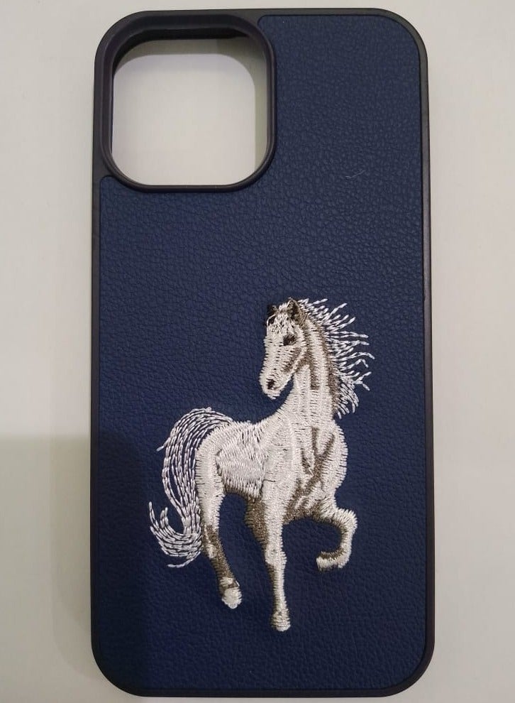 Case Shockproof Phone Case With Horse Embroidery Design For IPhone 15 Pro Max In Blue