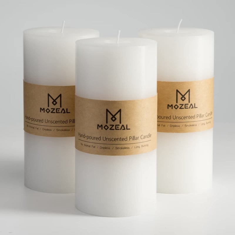 MOZEAL 3 x 6 HandPoured Unscented CandleDripless Pillar Candle Set of 3Long Lasting BurningApprox 120 Hours Burn TimeRustic Country Stylefor WeddingDinnerChristmas and Home DecorWhite