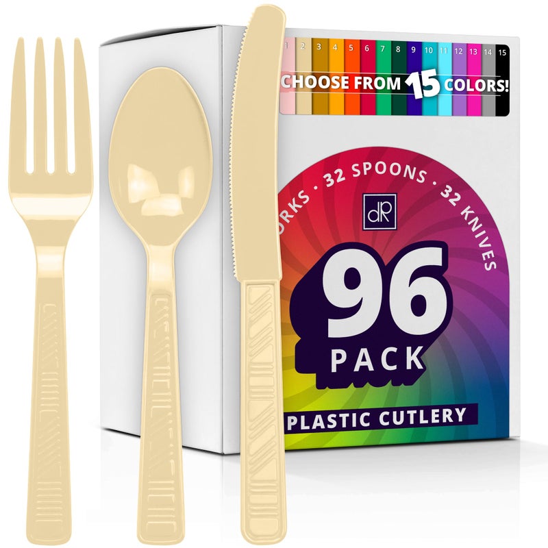 DecorRack Plastic Cutlery Set  Cream Colored Plastic Silverware Sets for Parties  96 Piece Bulk Heavy Duty Utensils (Cream  96 Pieces) - Image 1