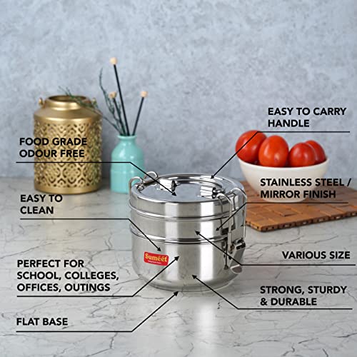 Sumeet Stainless Steel 2 Compartment Lunch Box/Tiffin with Lid and Handle, 11.5Cm Dia, (1000ML, Silver) - Image 2