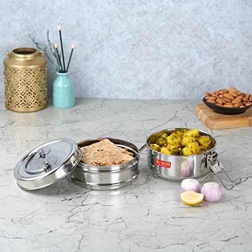 Sumeet Stainless Steel 2 Compartment Lunch Box/Tiffin with Lid and Handle, 11.5Cm Dia, (1000ML, Silver) - Image 3