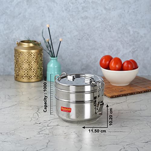 Sumeet Stainless Steel 2 Compartment Lunch Box/Tiffin with Lid and Handle, 11.5Cm Dia, (1000ML, Silver) - Image 4