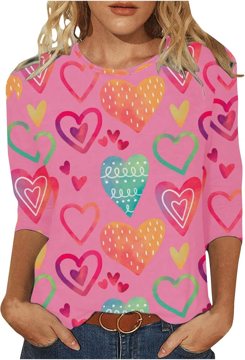 woobles Womens Casual Sweet Heart Print Valentine's Day Round Neck Long Sleeve Sweatshirts Casual Pullover Loose Be Tops Small 006-orange - Image 1