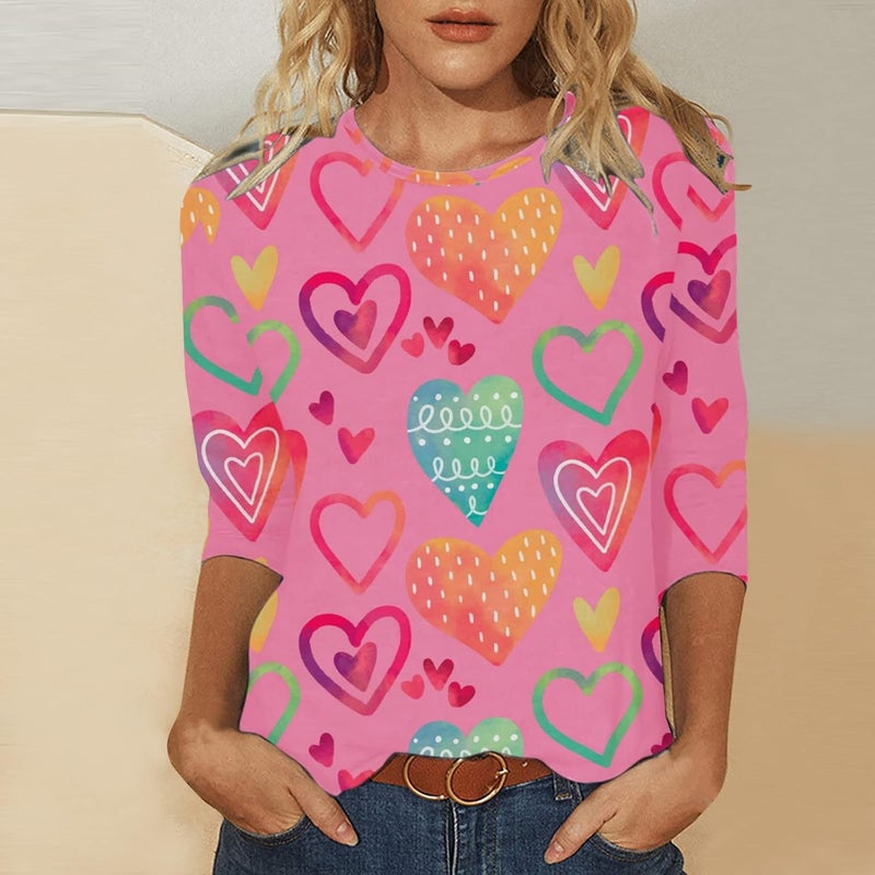 woobles Womens Casual Sweet Heart Print Valentine's Day Round Neck Long Sleeve Sweatshirts Casual Pullover Loose Be Tops Small 006-orange - Image 2