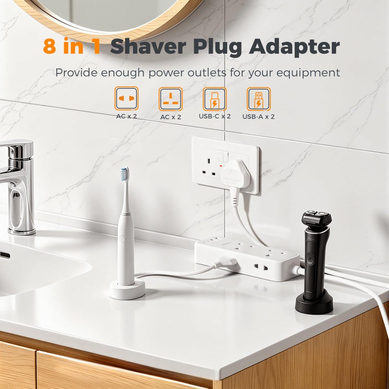 TESSAN 4 Way Shaver Plug Adaptor UK with 4 USB Slots (2 USB C) - Image 2