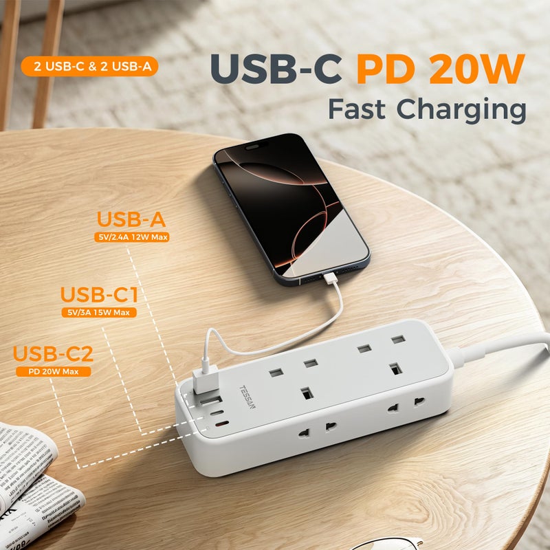 TESSAN 4 Way Shaver Plug Adaptor UK with 4 USB Slots (2 USB C) - Image 3