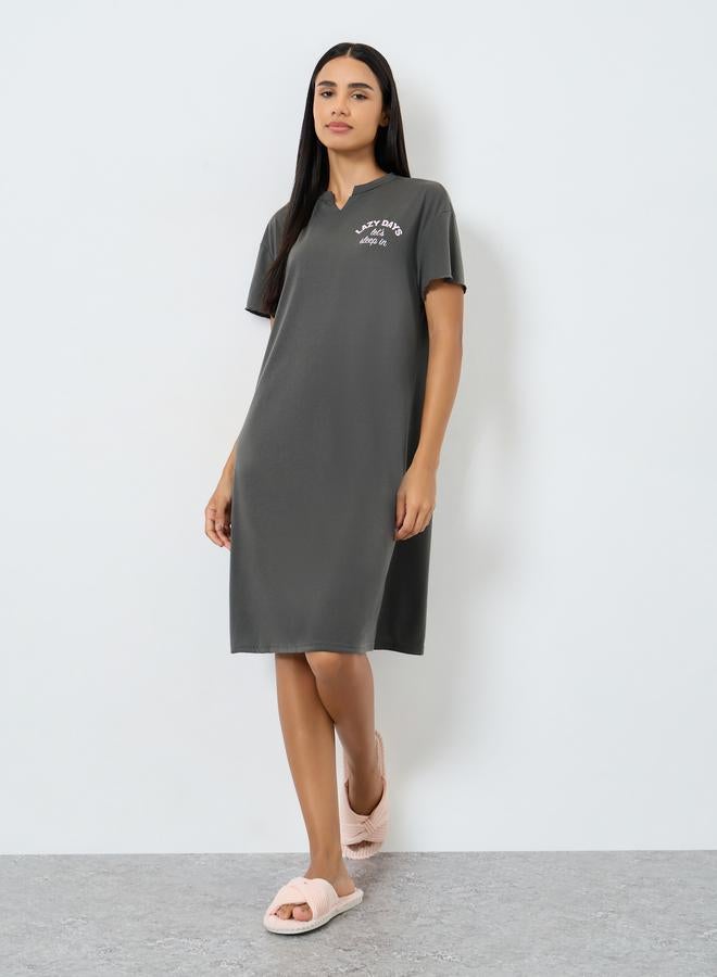 Styli Lazy Days Notch Neck Drop Shoulder Sleeve Sleep T-Shirt Dress - Image 1