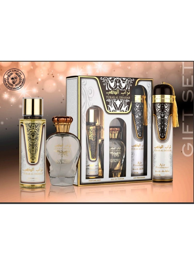 ارض الزعفران تراب الذهب (مجموعة هدايا) عطر 100 مل + 250 مل معطر جسم + 300 مل معطر جو - Image 1