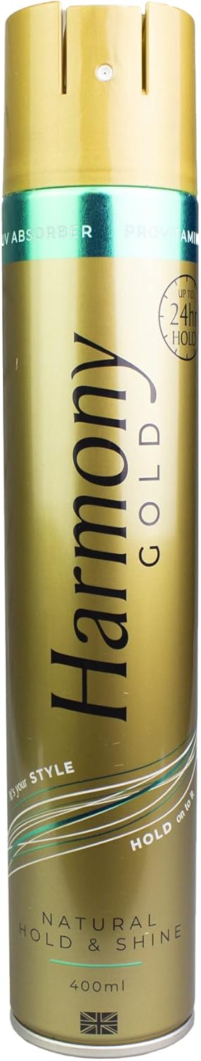 Harmony New Gold HairSpray Natural Hold and Shine 400ml With UV Filters Argon Oil Vitamin Pro B7
