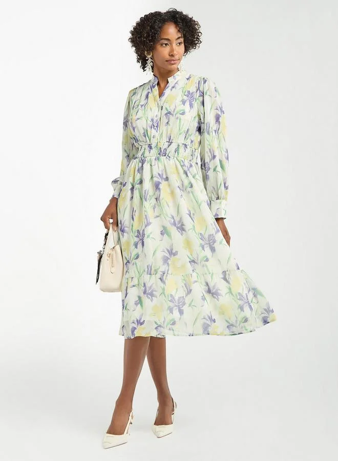 سبلاش فيڤ فستان قميص ميدي بطبعات أزهار وأكمام طويلة وتفاصيل بكسرات