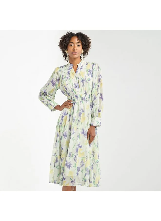 FAV All-Over Floral Print Midi Shirt Dress with Shirred Detail and Long Sleeves