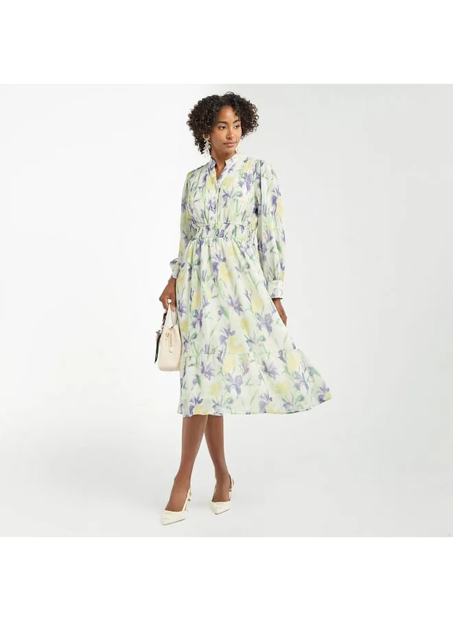 FAV All-Over Floral Print Midi Shirt Dress with Shirred Detail and Long Sleeves